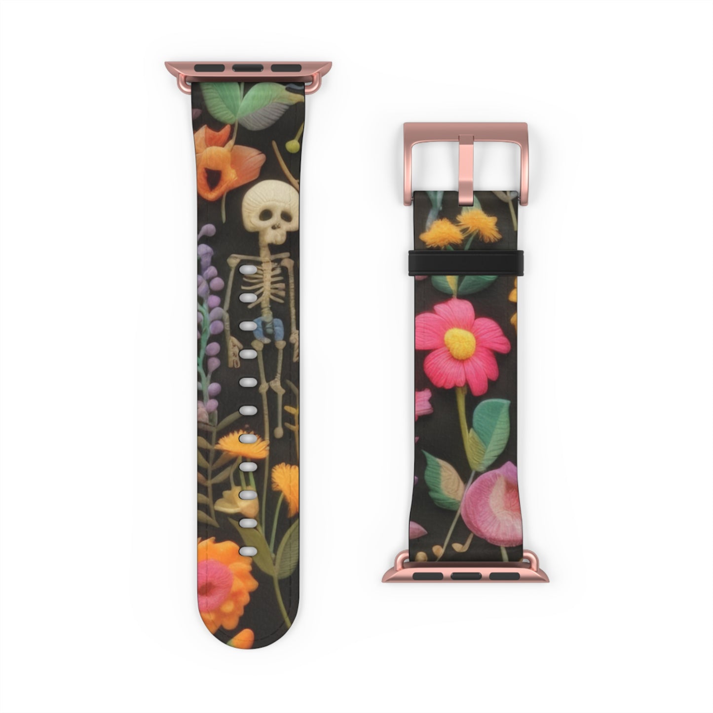 Gothic-Blumen-Totenkopf-Armband für die Apple Watch, leuchtende Blüten mit Skelett, kantiges botanisches Smartwatch-Armband. Apple Watch-Armbänder für die Serie 4, 5, 6, 7, 8, 9, ULTRA SE, 38/40/41 mm und 42/44/45 mm, veganes Kunstlederarmband