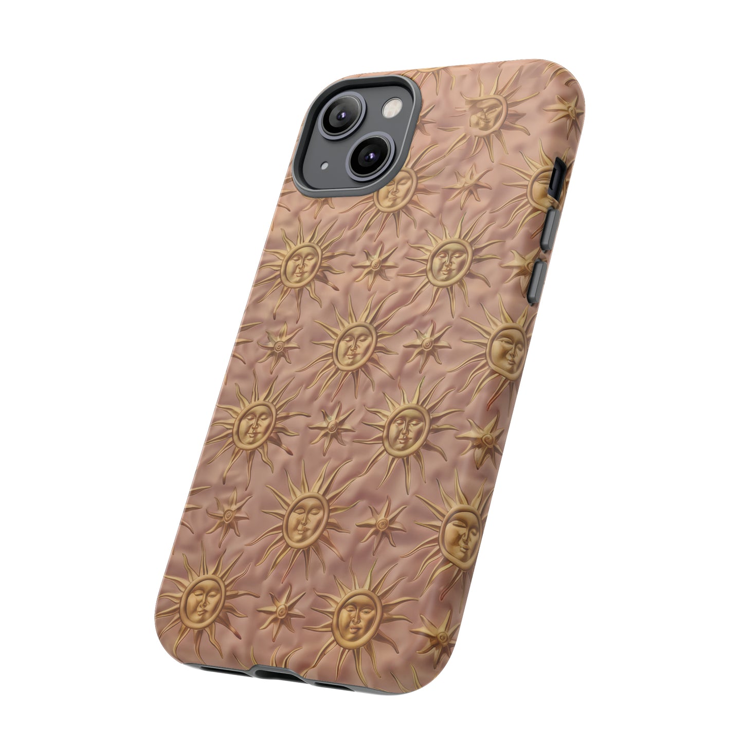 Custodia per iPhone con motivo sole celeste, design solare 3D strutturato, custodia protettiva lussuosa, custodie per telefono resistenti