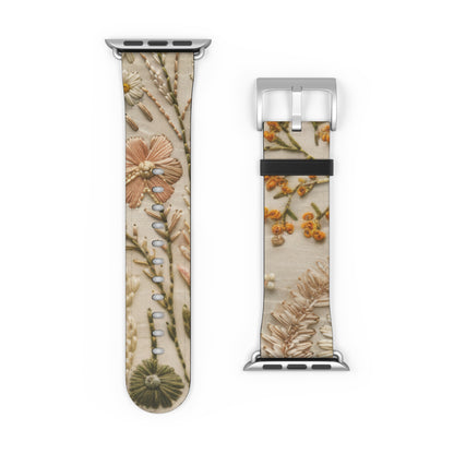 Apple Watch-Armband mit natürlicher botanischer Illustration, elegantes beiges Blumendesign, neutral getöntes Smartwatch-Armband. Apple Watch-Armbänder für die Serie 4, 5, 6, 7, 8, 9, ULTRA SE, 38/40/41 mm und 42/44/45 mm, veganes Kunstlederarmband