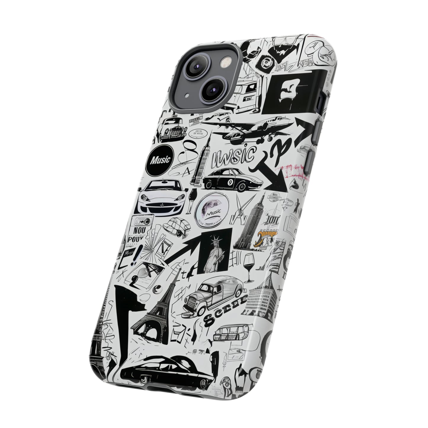 Iconica custodia per telefono con collage musicale in bianco e nero, cover dal design grafico moderno per audiofili, custodie per telefoni resistenti