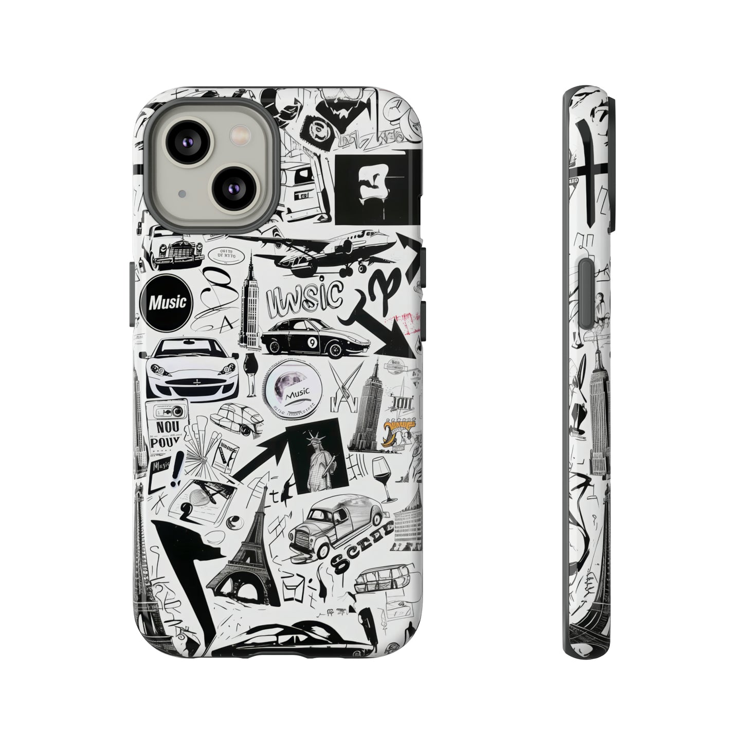 Iconica custodia per telefono con collage musicale in bianco e nero, cover dal design grafico moderno per audiofili, custodie per telefoni resistenti