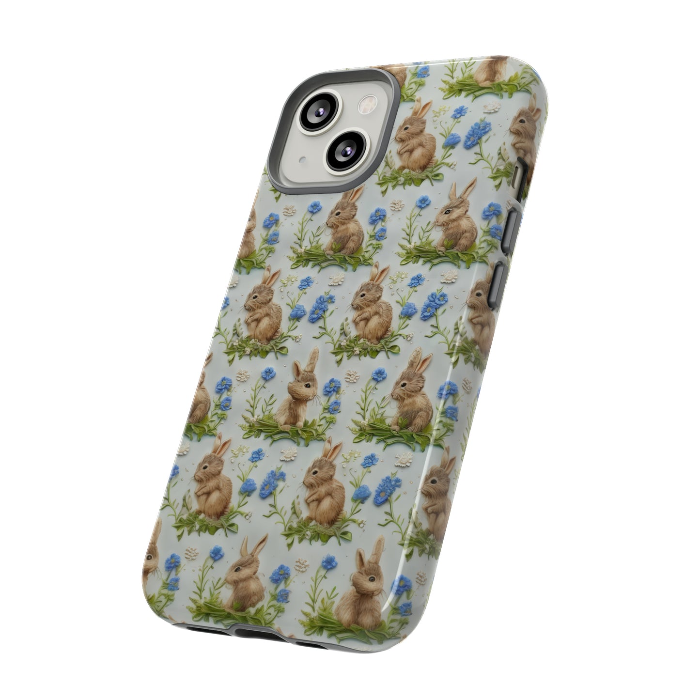 Springtime Bunnies iPhone Hülle, Entzückendes Kaninchen- und Glockenblumen-Design, Bezaubernde Schutzhülle, Robuste Hüllen 