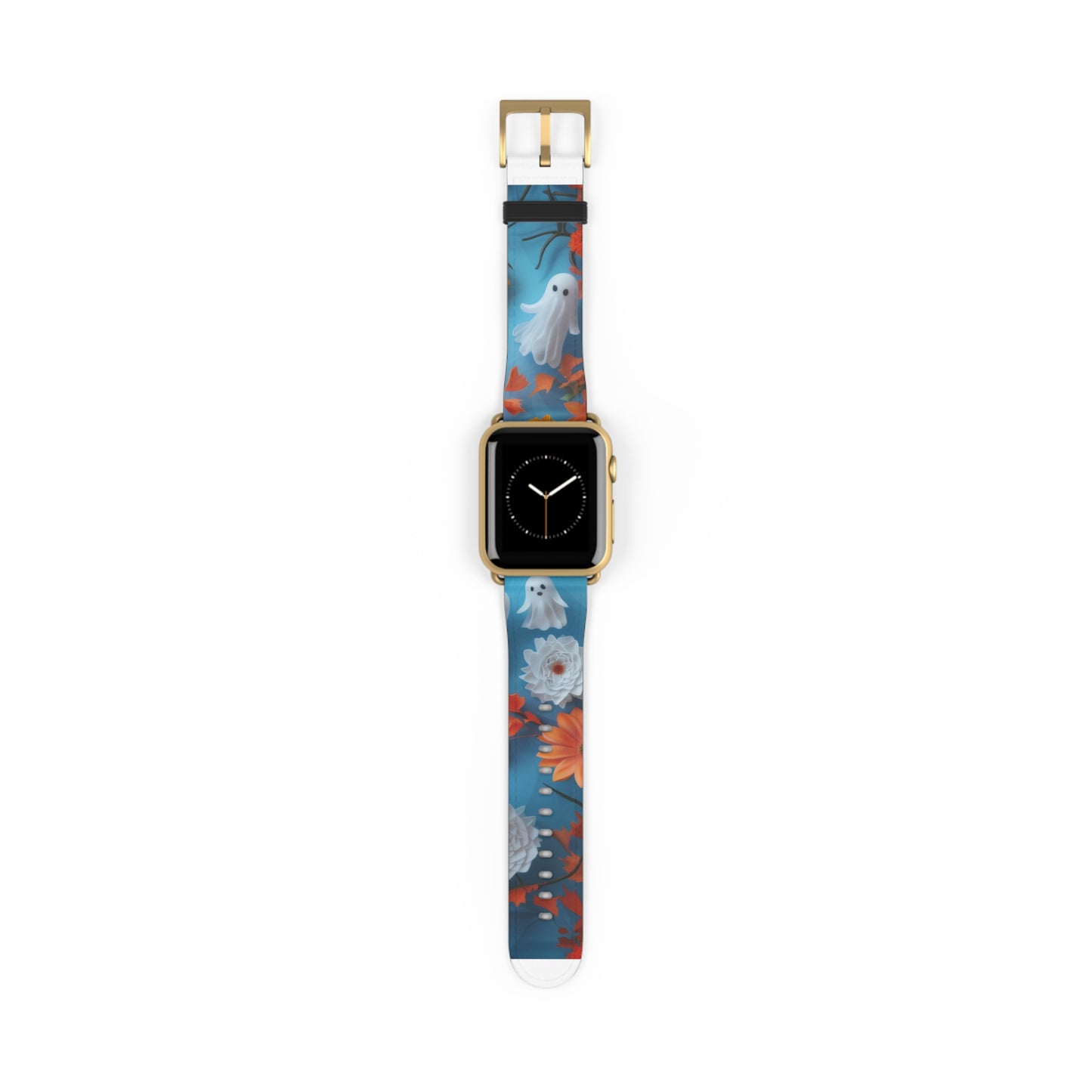 Charming Ghosts and Autumn Leaves Apple Watch Band, Spooky Cute Floral Design, Seasonal Smartwatch Strap. Apple Watch Band Apple Watch Straps For Series 4 5 6 7 8 9 ULTRA SE 38/40/41mm & 42/44/45mm Vegan Faux Leather Band