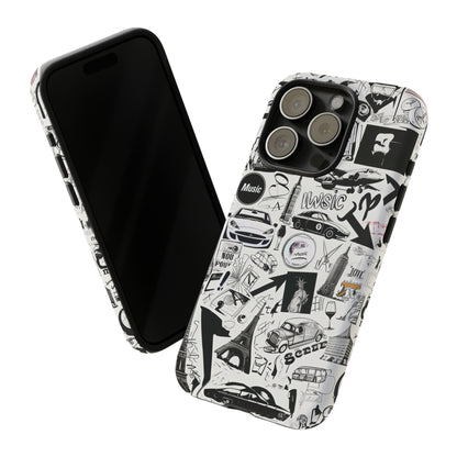 Iconica custodia per telefono con collage musicale in bianco e nero, cover dal design grafico moderno per audiofili, custodie per telefoni resistenti