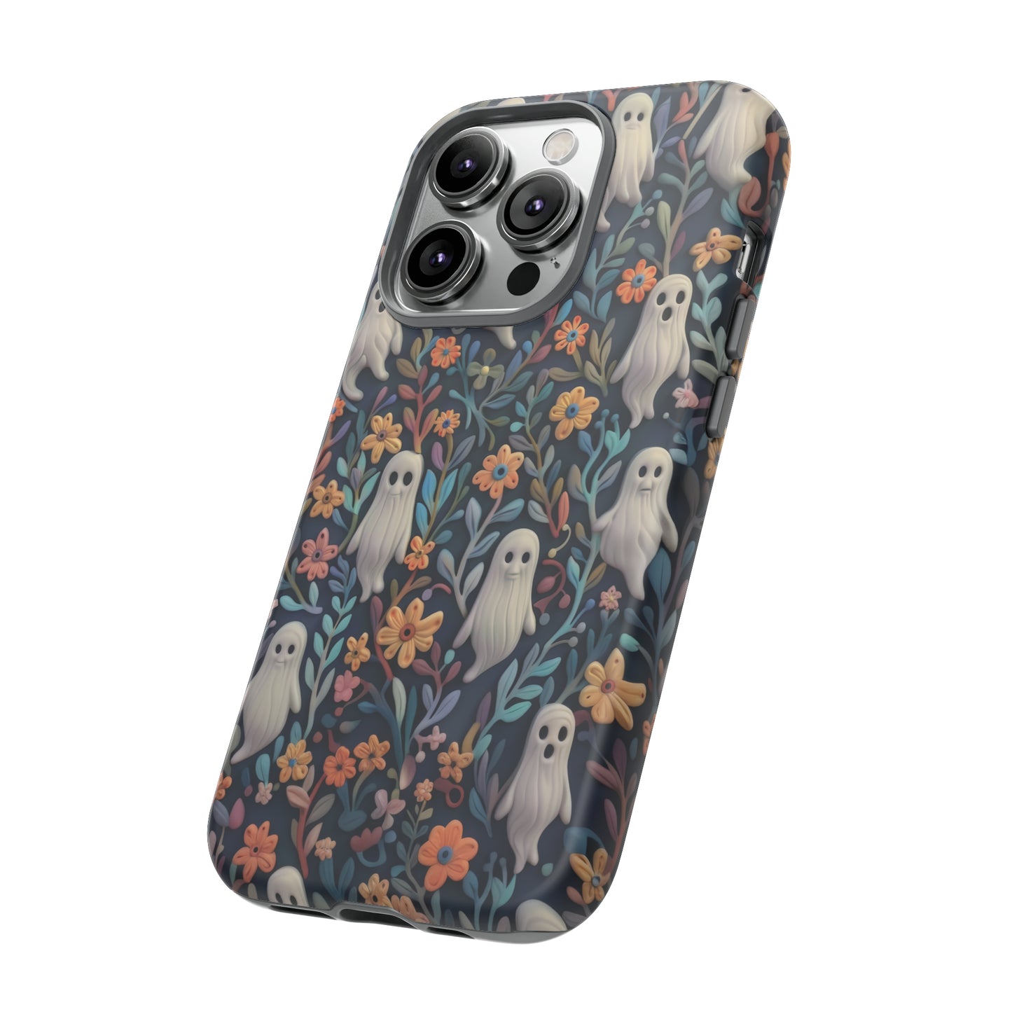 Whimsical Ghosts Floral iPhone Case, Unique Spooky Design, Charming Protective Cover, Tough Cases