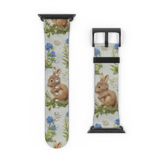 Springtime Bunny & Florals Apple Watch Band, Charming Rabbit Illustration, Pastel Blue Smartwatch Accessory. Apple Watch Band Apple Watch Straps For Series 4 5 6 7 8 9 SE 38/40/41mm & 42/44/45mm Vegan Faux Leather Band
