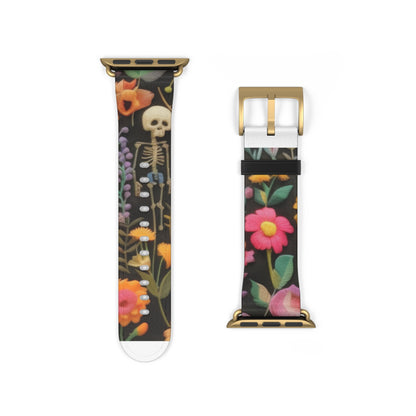 Gothic-Blumen-Totenkopf-Armband für die Apple Watch, leuchtende Blüten mit Skelett, kantiges botanisches Smartwatch-Armband. Apple Watch-Armbänder für die Serie 4, 5, 6, 7, 8, 9, ULTRA SE, 38/40/41 mm und 42/44/45 mm, veganes Kunstlederarmband