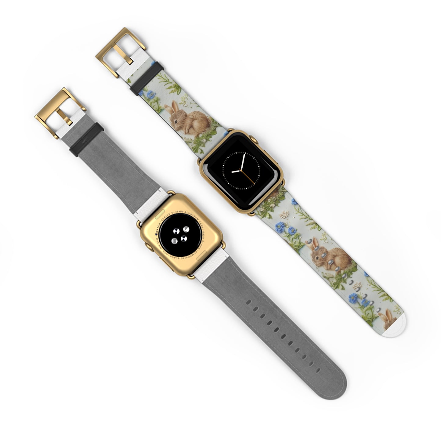 Springtime Bunny & Florals Apple Watch Band, Charming Rabbit Illustration, Pastel Blue Smartwatch Accessory. Apple Watch Band Apple Watch Straps For Series 4 5 6 7 8 9 ULTRA SE 38/40/41mm & 42/44/45mm Vegan Faux Leather Band