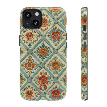 Vintage gesteppte florale iPhone-Hülle, Telefonhülle mit besticktem Design, handwerklich inspirierte Schutzausrüstung, robuste Hüllen