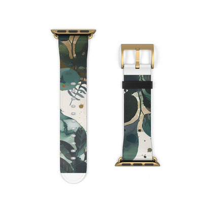 Cinturino per Apple Watch dal design a foglia tropicale, cinturino artistico botanico, accessorio di moda ispirato al verde, cinturino eco-chic, regalo perfetto per gli amanti della natura. Cinturino in ecopelle vegana 