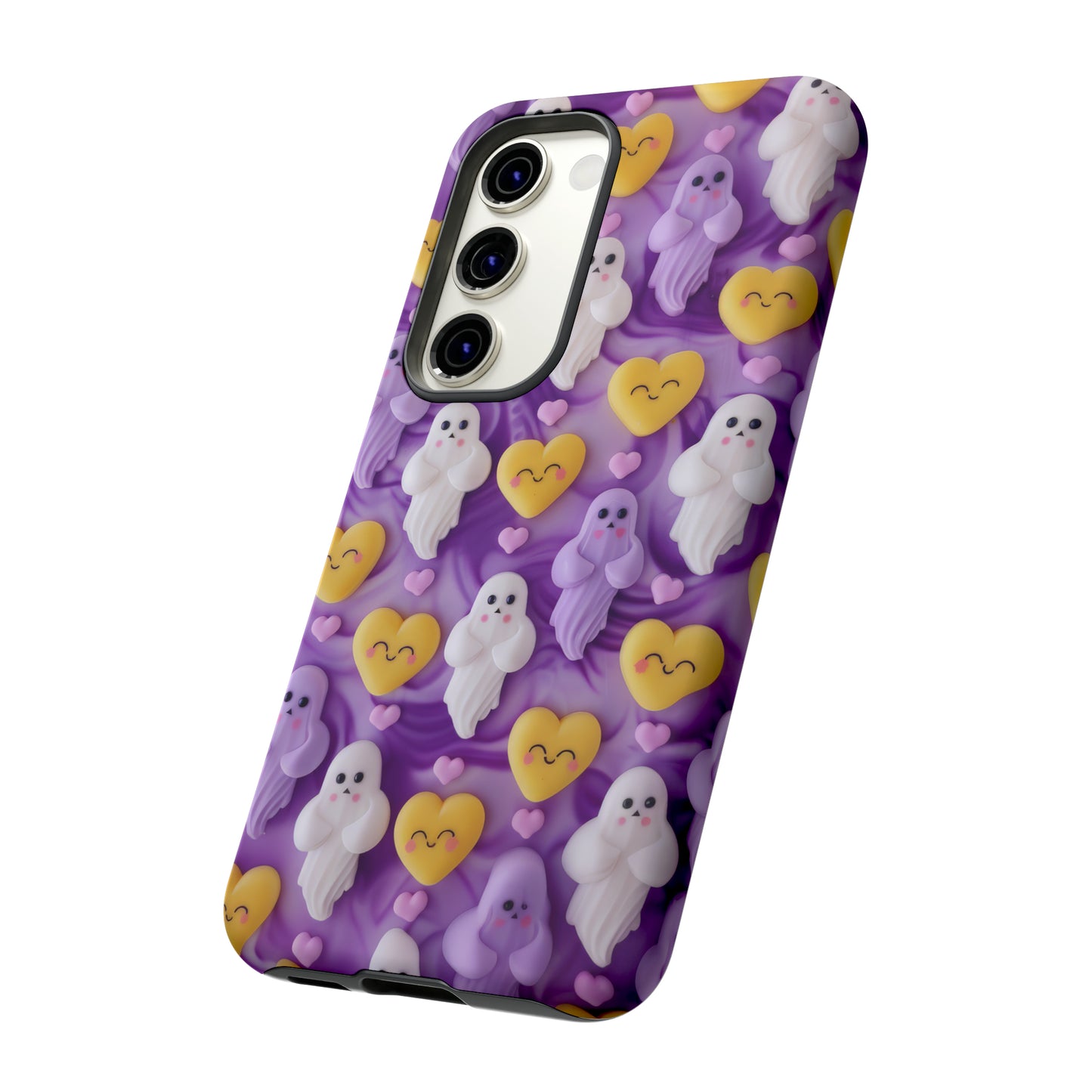 Purple Passion Ghostly Hearts Phone Case, Adorable Spirits with Love Emojis Cover for Smartphones, Tough Phone Cases