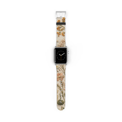 Apple Watch-Armband mit natürlicher botanischer Illustration, elegantes beiges Blumendesign, neutral getöntes Smartwatch-Armband. Apple Watch-Armbänder für die Serie 4, 5, 6, 7, 8, 9, ULTRA SE, 38/40/41 mm und 42/44/45 mm, veganes Kunstlederarmband