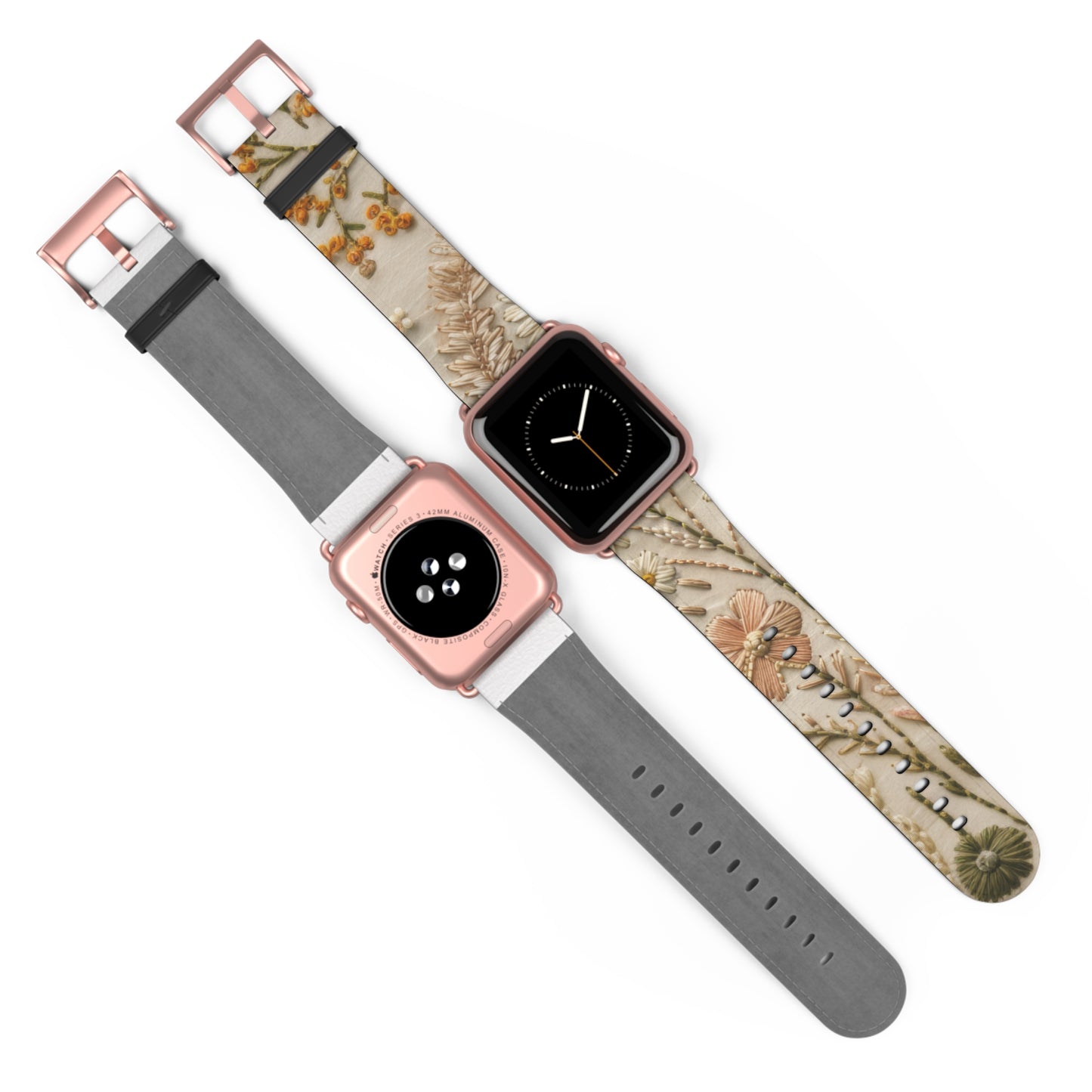 Apple Watch-Armband mit natürlicher botanischer Illustration, elegantes beiges Blumendesign, neutral getöntes Smartwatch-Armband. Apple Watch-Armbänder für die Serie 4, 5, 6, 7, 8, 9, ULTRA SE, 38/40/41 mm und 42/44/45 mm, veganes Kunstlederarmband