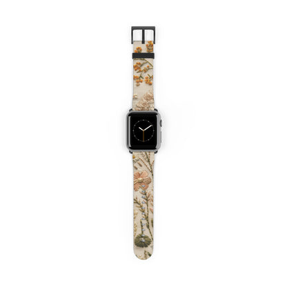 Apple Watch-Armband mit natürlicher botanischer Illustration, elegantes beiges Blumendesign, neutral getöntes Smartwatch-Armband. Apple Watch-Armbänder für die Serie 4, 5, 6, 7, 8, 9, ULTRA SE, 38/40/41 mm und 42/44/45 mm, veganes Kunstlederarmband