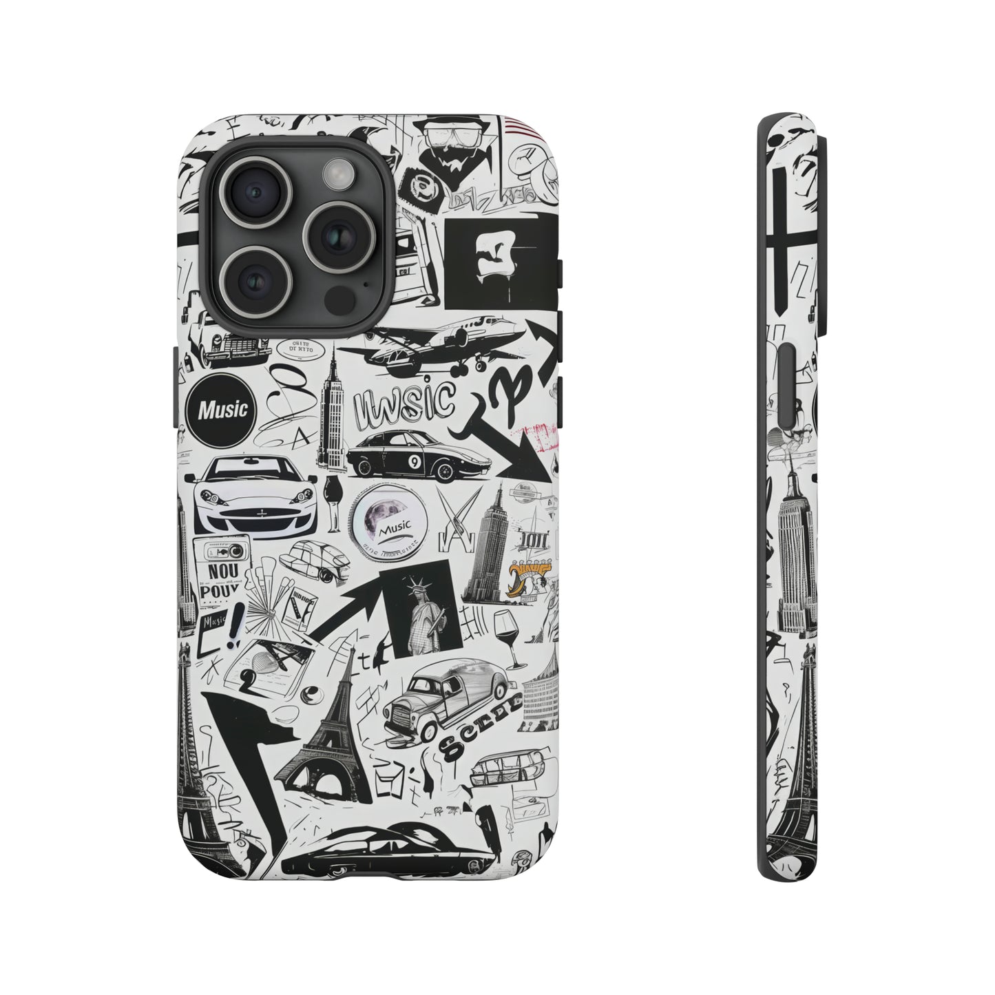 Iconica custodia per telefono con collage musicale in bianco e nero, cover dal design grafico moderno per audiofili, custodie per telefoni resistenti