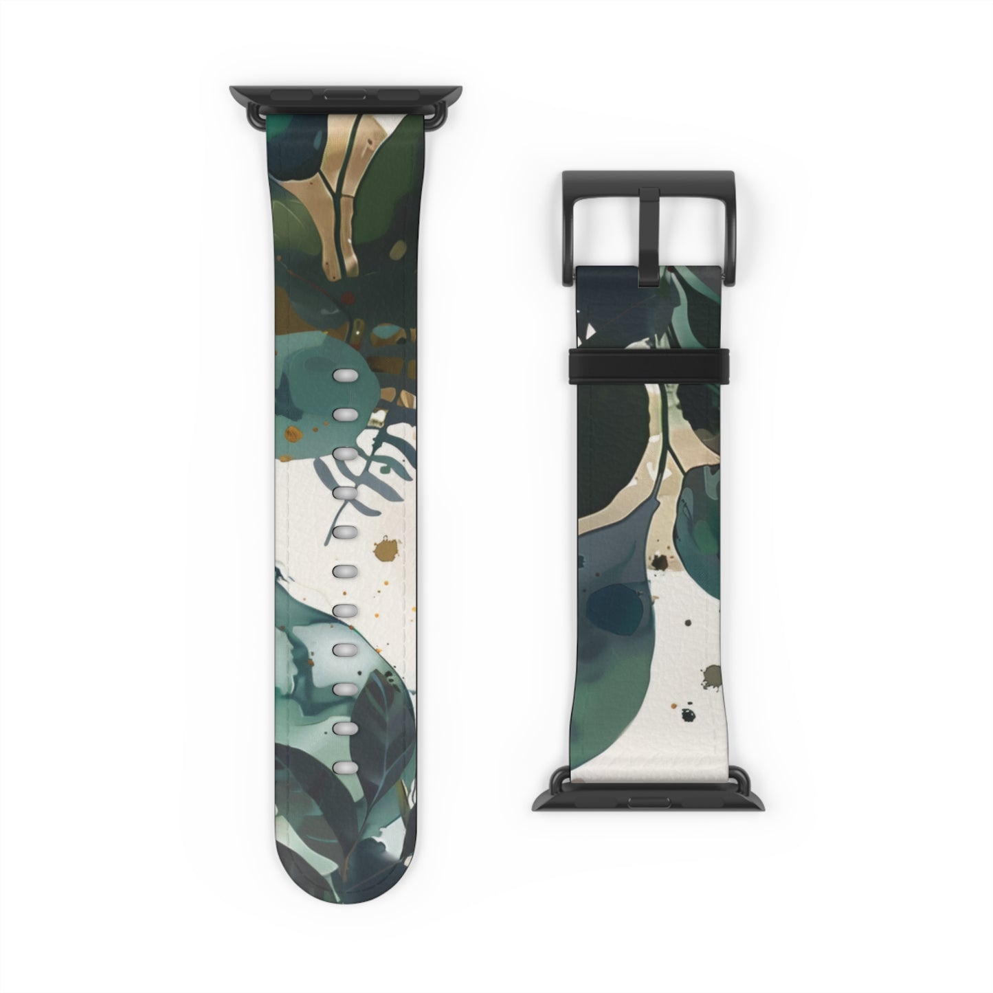 Cinturino per Apple Watch dal design a foglia tropicale, cinturino artistico botanico, accessorio di moda ispirato al verde, cinturino eco-chic, regalo perfetto per gli amanti della natura. Cinturino in ecopelle vegana 