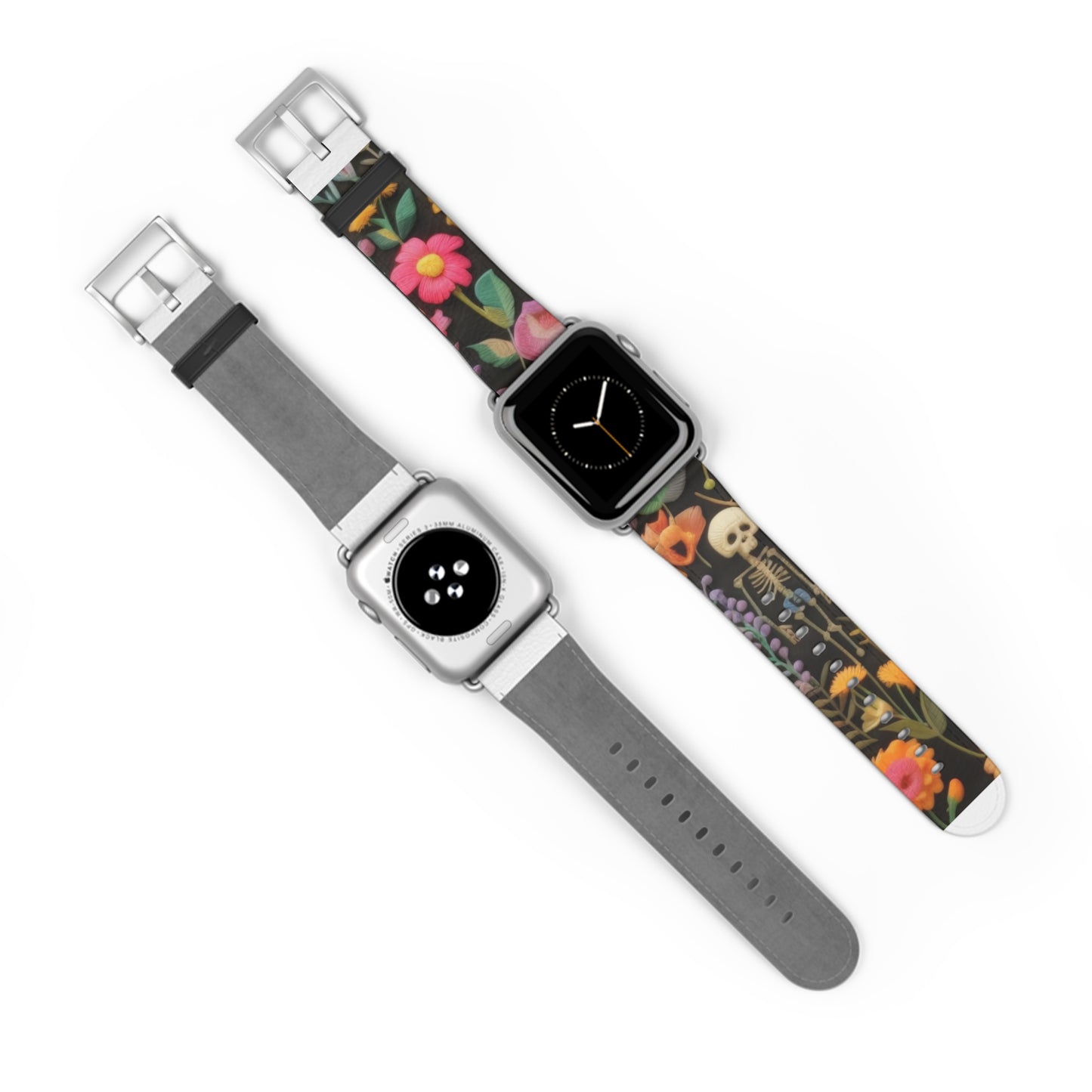 Gothic-Blumen-Totenkopf-Armband für die Apple Watch, leuchtende Blüten mit Skelett, kantiges botanisches Smartwatch-Armband. Apple Watch-Armbänder für die Serie 4, 5, 6, 7, 8, 9, ULTRA SE, 38/40/41 mm und 42/44/45 mm, veganes Kunstlederarmband