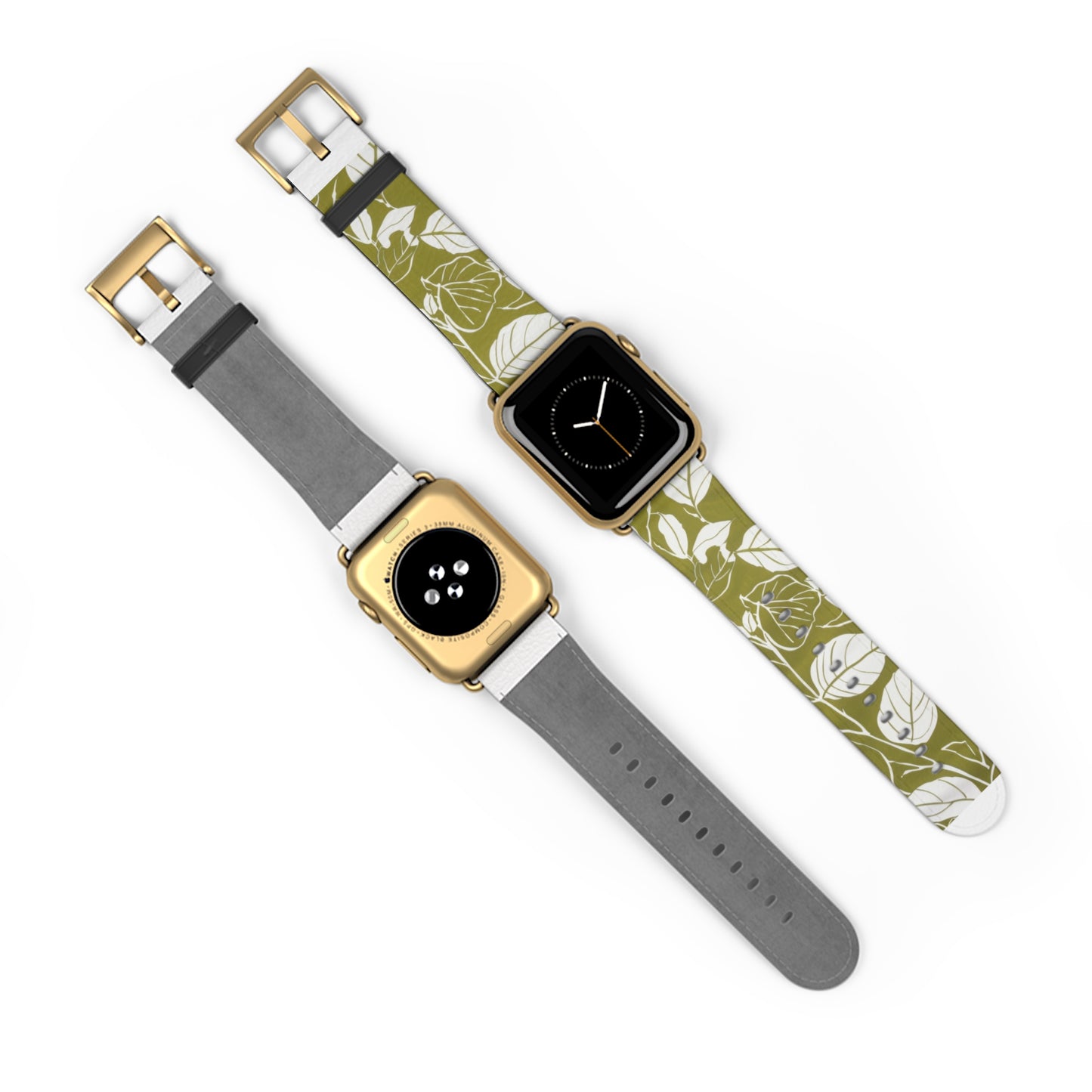 Apple Watch-Armband mit olivgrünem Blattmuster | Öko-Chic-Armband im Natur-Stil. Apple Watch-Armband, Apple Watch-Armbänder für Serie 4, 5, 6, 7, 8, 9, ULTRA SE, 38/40/41 mm und 42/44/45 mm, veganes Kunstlederarmband 