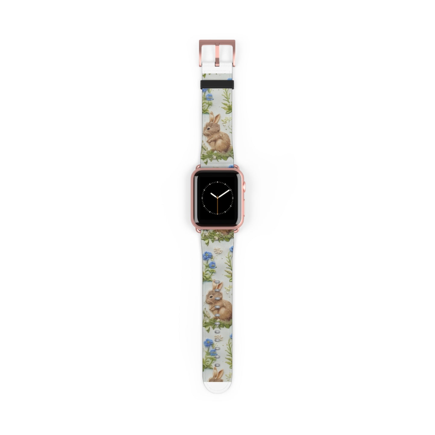 Springtime Bunny & Florals Apple Watch Band, Charming Rabbit Illustration, Pastel Blue Smartwatch Accessory. Apple Watch Band Apple Watch Straps For Series 4 5 6 7 8 9 ULTRA SE 38/40/41mm & 42/44/45mm Vegan Faux Leather Band