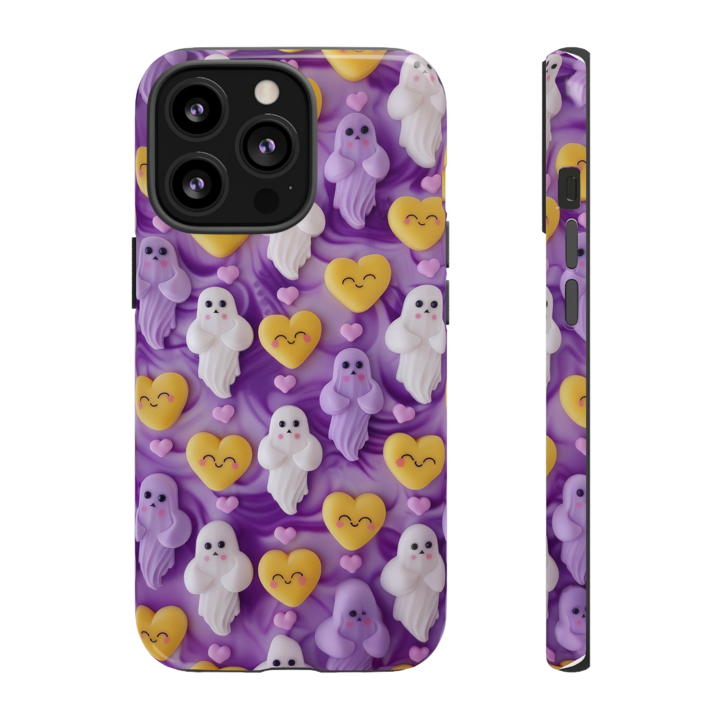 Purple Passion Ghostly Hearts Phone Case, Adorable Spirits with Love Emojis Cover for Smartphones, Tough Phone Cases