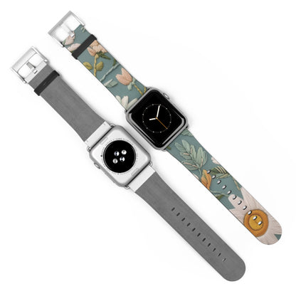 Serene Floral Tapestry Apple Watch Band, Soft Pastel Botanicals on Duck Egg Blue, Stylish Smartwatch Accessory. Apple Watch Band Apple Watch Straps For Series 4 5 6 7 8 9 ULTRA SE 38/40/41mm & 42/44/45mm Vegan Faux Leather Band