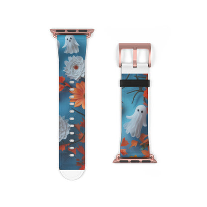 Charming Ghosts and Autumn Leaves Apple Watch Band, Spooky Cute Floral Design, Seasonal Smartwatch Strap. Apple Watch Band Apple Watch Straps For Series 4 5 6 7 8 9 ULTRA SE 38/40/41mm & 42/44/45mm Vegan Faux Leather Band