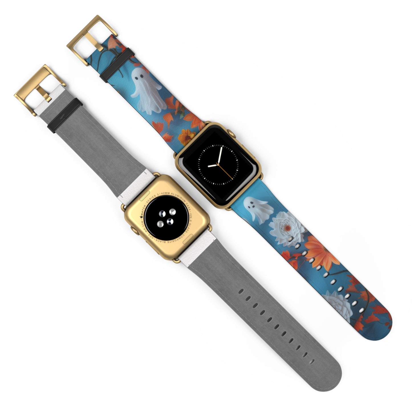 Charming Ghosts and Autumn Leaves Apple Watch Band, Spooky Cute Floral Design, Seasonal Smartwatch Strap. Apple Watch Band Apple Watch Straps For Series 4 5 6 7 8 9 ULTRA SE 38/40/41mm & 42/44/45mm Vegan Faux Leather Band