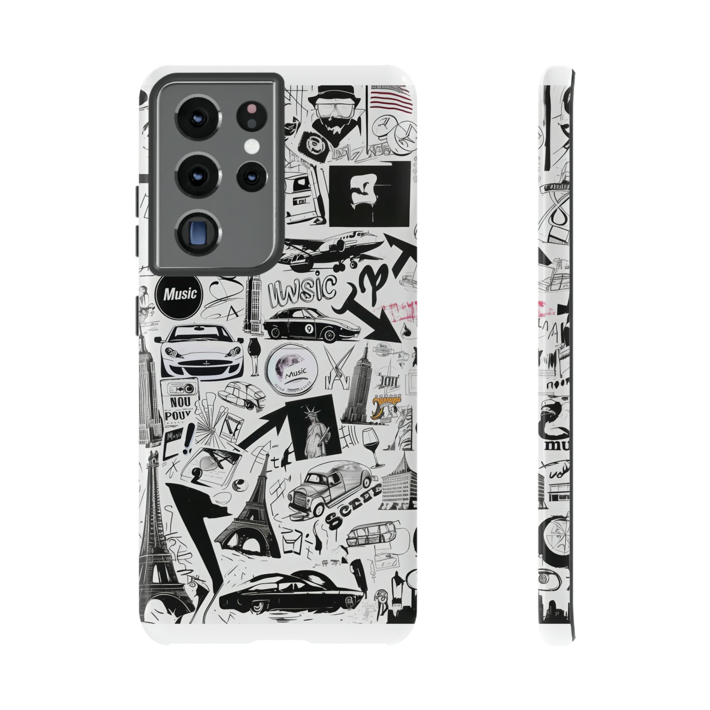 Iconica custodia per telefono con collage musicale in bianco e nero, cover dal design grafico moderno per audiofili, custodie per telefoni resistenti