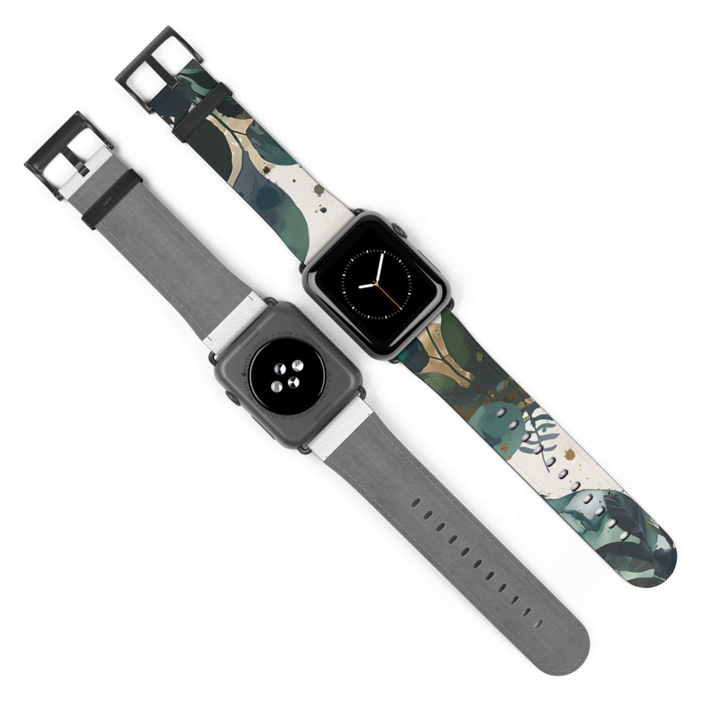 Cinturino per Apple Watch dal design a foglia tropicale, cinturino artistico botanico, accessorio di moda ispirato al verde, cinturino eco-chic, regalo perfetto per gli amanti della natura. Cinturino in ecopelle vegana 