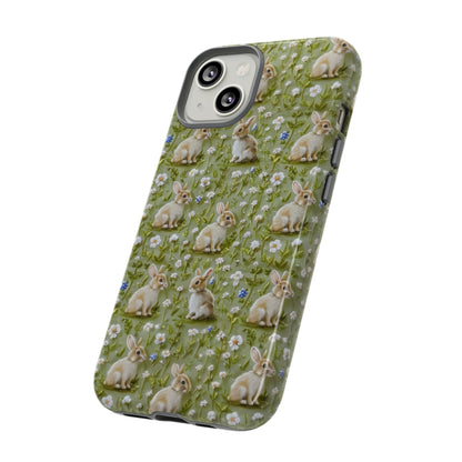 Custodia per iPhone Meadow Rabbits, design Serene Spring Wildlife, custodia protettiva di ispirazione ecologica, custodie per telefoni resistenti