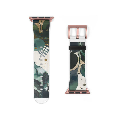 Cinturino per Apple Watch dal design a foglia tropicale, cinturino artistico botanico, accessorio di moda ispirato al verde, cinturino eco-chic, regalo perfetto per gli amanti della natura. Cinturino in ecopelle vegana 