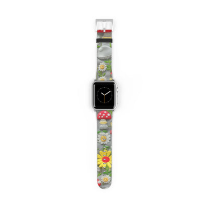 Verzaubertes Wald-Gänseblümchen- und Pilz-Apple-Watch-Armband, skurriles Smartwatch-Armband mit Naturmotiven. Apple Watch-Armband, Apple Watch-Armbänder für Serie 4, 5, 6, 7, 8, 9, ULTRA SE, 38/40/41 mm und 42/44/45 mm, veganes Kunstlederarmband