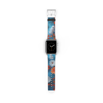 Charming Ghosts and Autumn Leaves Apple Watch Band, Spooky Cute Floral Design, Seasonal Smartwatch Strap. Apple Watch Band Apple Watch Straps For Series 4 5 6 7 8 9 ULTRA SE 38/40/41mm & 42/44/45mm Vegan Faux Leather Band