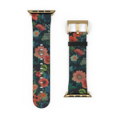 Enchanted Garden Floral Apple Watch Band, Lush Botanical Print, Elegant Dark Background Smartwatch Strap. Apple Watch Band Apple Watch Straps For Series 4 5 6 7 8 9 ULTRA SE 38/40/41mm & 42/44/45mm Vegan Faux Leather Band