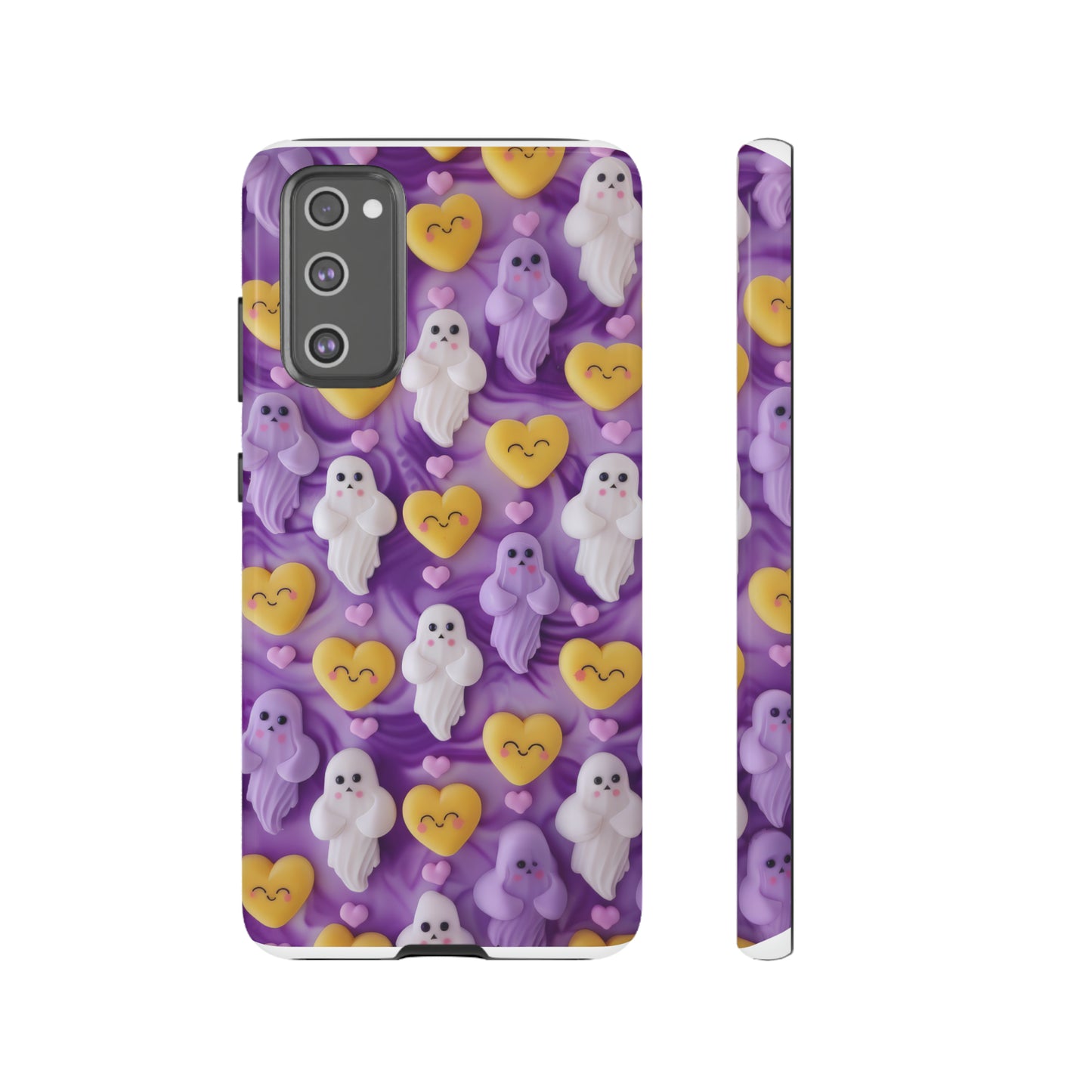 Purple Passion Ghostly Hearts Phone Case, Adorable Spirits with Love Emojis Cover for Smartphones, Tough Phone Cases