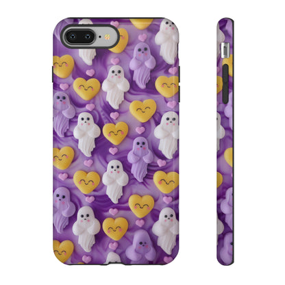 Purple Passion Ghostly Hearts Phone Case, Adorable Spirits with Love Emojis Cover for Smartphones, Tough Phone Cases