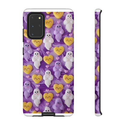 Purple Passion Ghostly Hearts Phone Case, Adorable Spirits with Love Emojis Cover for Smartphones, Tough Phone Cases