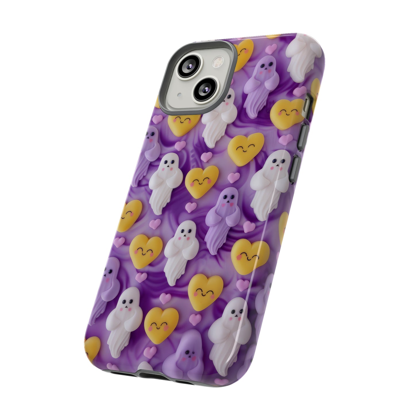 Purple Passion Ghostly Hearts Phone Case, Adorable Spirits with Love Emojis Cover for Smartphones, Tough Phone Cases