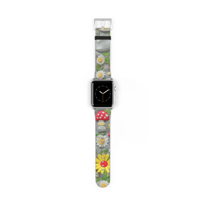 Verzaubertes Wald-Gänseblümchen- und Pilz-Apple-Watch-Armband, skurriles Smartwatch-Armband mit Naturmotiven. Apple Watch-Armband, Apple Watch-Armbänder für Serie 4, 5, 6, 7, 8, 9, ULTRA SE, 38/40/41 mm und 42/44/45 mm, veganes Kunstlederarmband