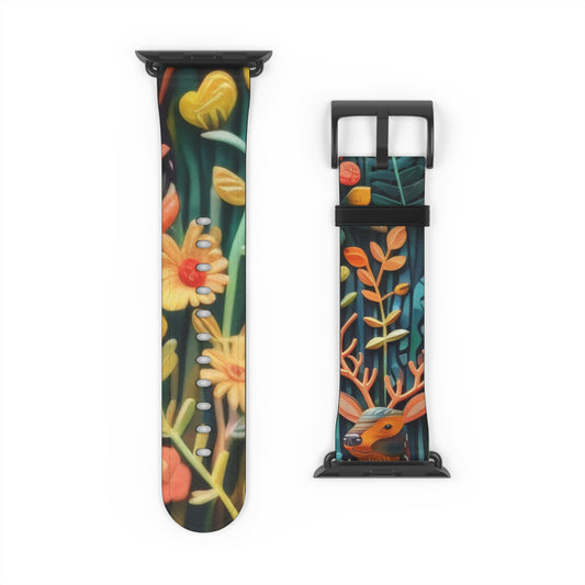 Enchanted Forest Fauna & Flora Apple Watch Band, Whimsical Woodland Creatures Design, Magical Smartwatch Accessory. Apple Watch Band Apple Watch Straps For Series 4 5 6 7 8 9 SE 38/40/41mm & 42/44/45mm Vegan Faux Leather Band