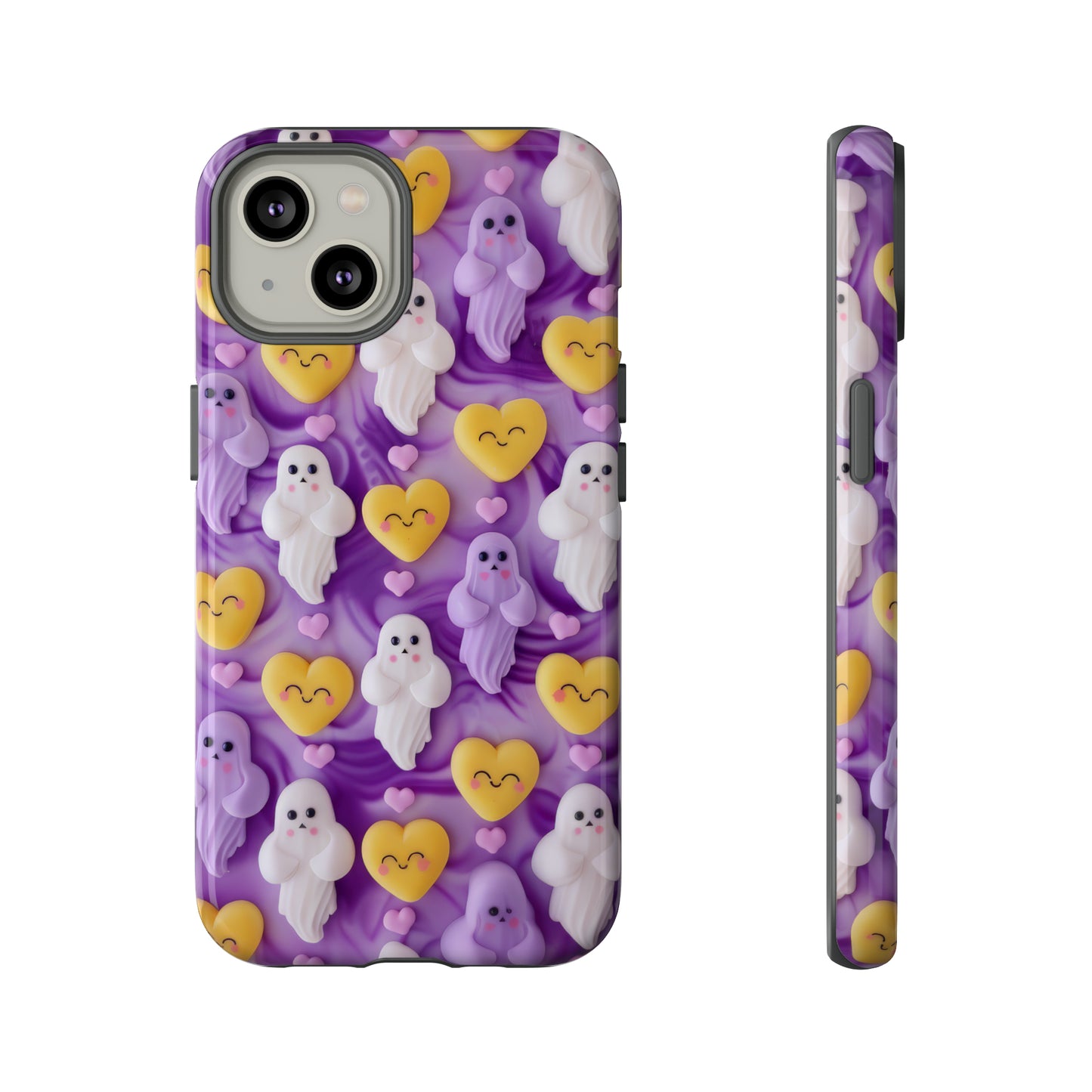 Purple Passion Ghostly Hearts Phone Case, Adorable Spirits with Love Emojis Cover for Smartphones, Tough Phone Cases