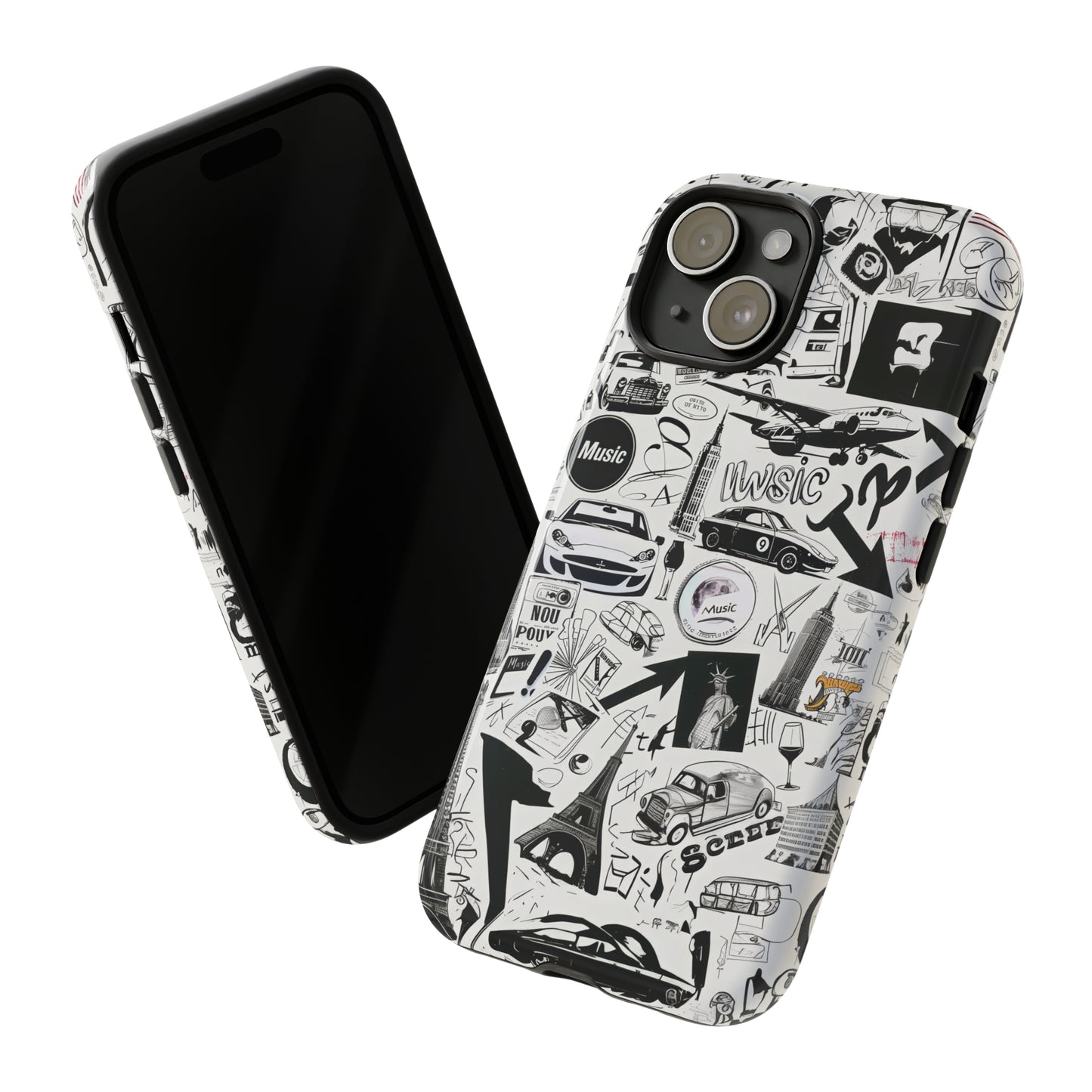 Iconica custodia per telefono con collage musicale in bianco e nero, cover dal design grafico moderno per audiofili, custodie per telefoni resistenti