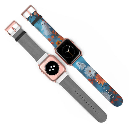 Charming Ghosts and Autumn Leaves Apple Watch Band, Spooky Cute Floral Design, Seasonal Smartwatch Strap. Apple Watch Band Apple Watch Straps For Series 4 5 6 7 8 9 ULTRA SE 38/40/41mm & 42/44/45mm Vegan Faux Leather Band