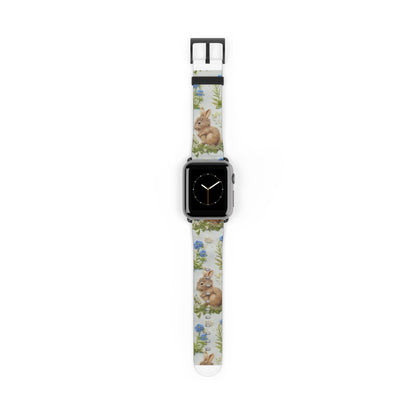 Springtime Bunny & Florals Apple Watch Band, Charming Rabbit Illustration, Pastel Blue Smartwatch Accessory. Apple Watch Band Apple Watch Straps For Series 4 5 6 7 8 9 ULTRA SE 38/40/41mm & 42/44/45mm Vegan Faux Leather Band