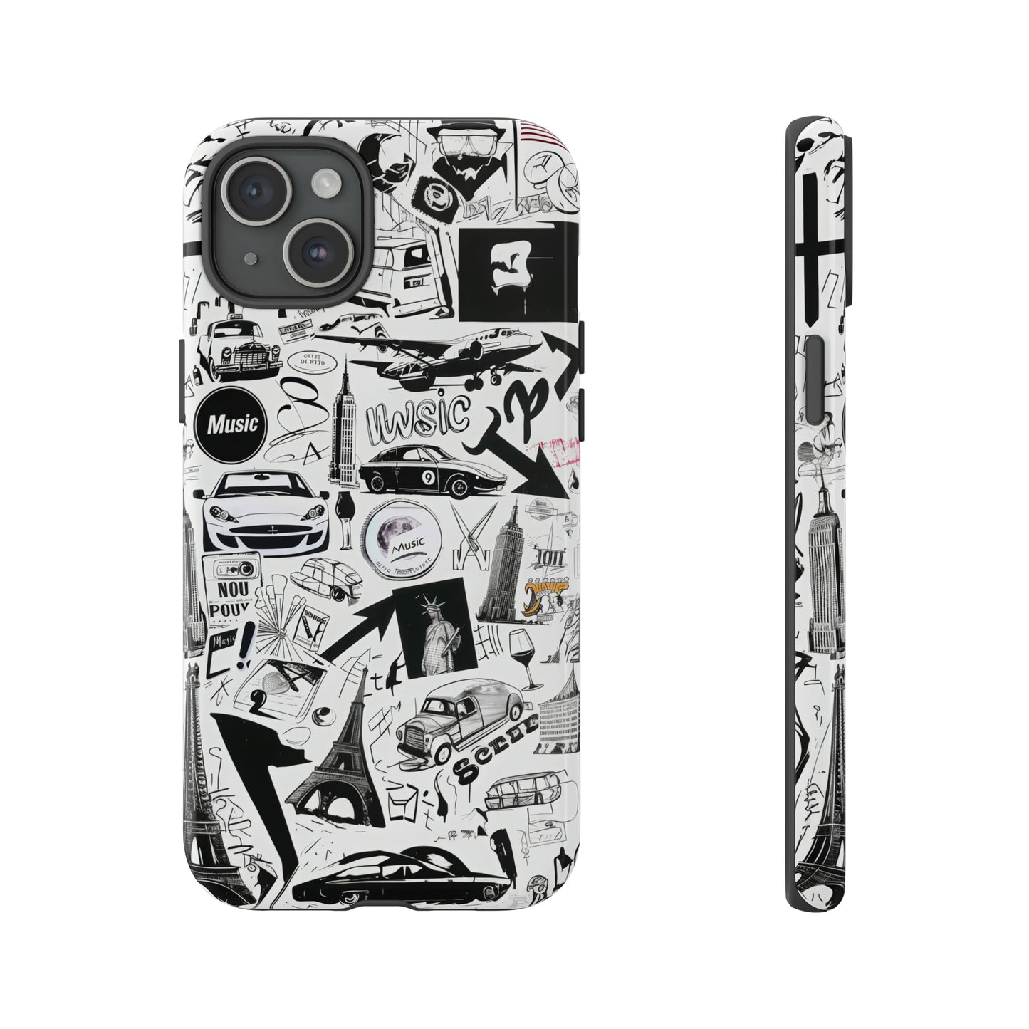 Iconica custodia per telefono con collage musicale in bianco e nero, cover dal design grafico moderno per audiofili, custodie per telefoni resistenti