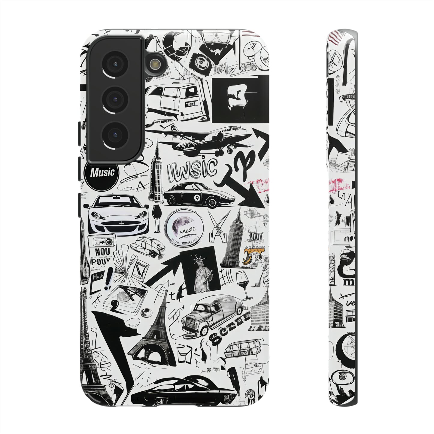 Iconica custodia per telefono con collage musicale in bianco e nero, cover dal design grafico moderno per audiofili, custodie per telefoni resistenti