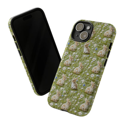 Custodia per iPhone Meadow Rabbits, design Serene Spring Wildlife, custodia protettiva di ispirazione ecologica, custodie per telefoni resistenti