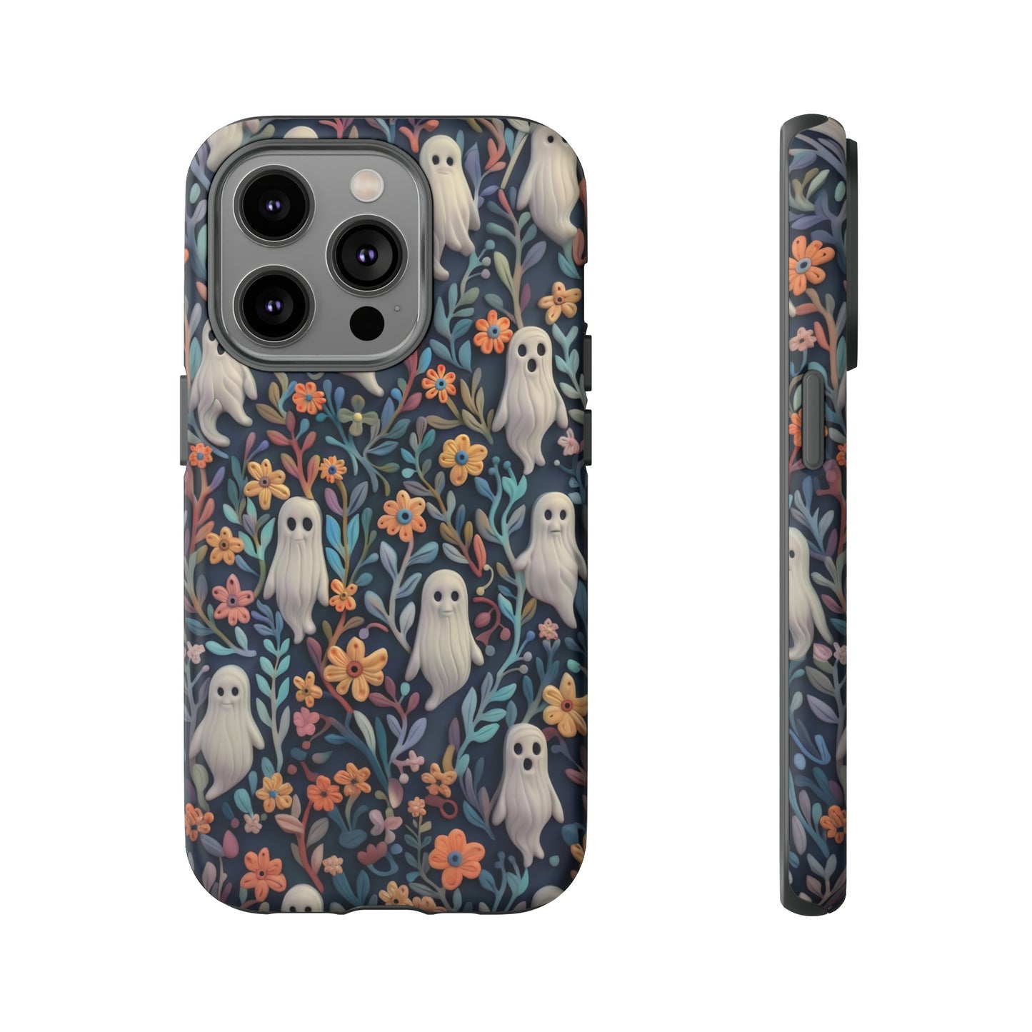 Whimsical Ghosts Floral iPhone Case, Unique Spooky Design, Charming Protective Cover, Tough Cases