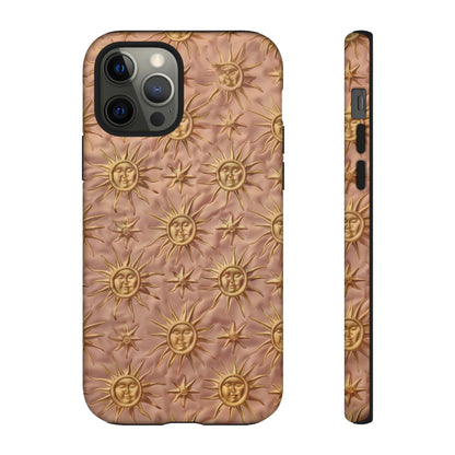 Custodia per iPhone con motivo sole celeste, design solare 3D strutturato, custodia protettiva lussuosa, custodie per telefono resistenti