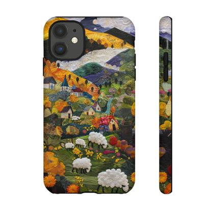 Quaint Countryside Quilt iPhone Case, Artistic Pastoral Landscape, Sturdy Protective Cover, Tough Phone Cases